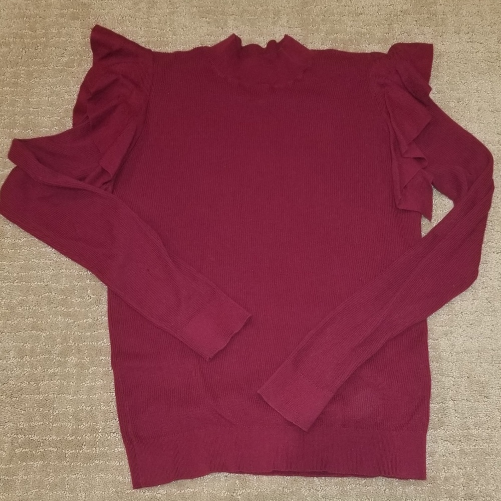Ann Taylor Factory Maroon Ruffle Shoulder Sweater